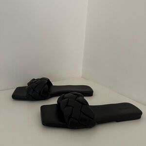 Open Edit Elegant Black Woven Slide Sandals